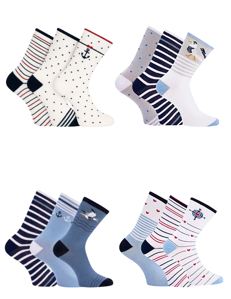 Chaussettes bambou motifs marins - Lot de 3 paires